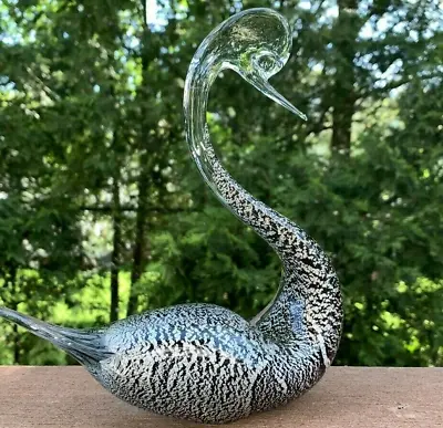 Murano Art Glass Swan Bird Handcrafted Sculpture Clear & Black Silver Design • $51.95