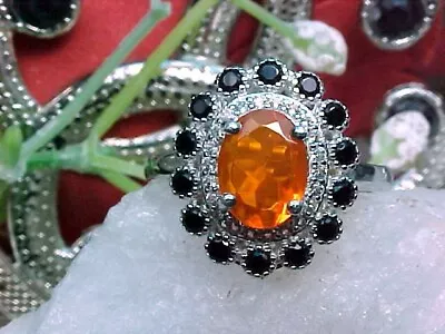 🔥 NATURAL MEXICAN FIRE OPAL RING AAA+ 8x6mm &BLACK SPINEL-WHITE SAPPHIRE 925 SS • $34.99