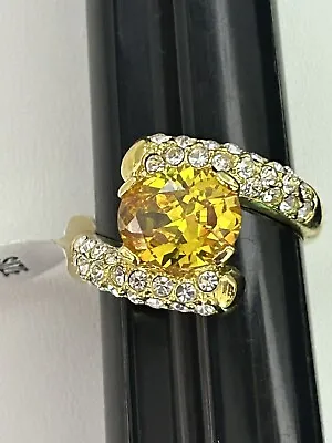 Vintage Citrine & Clear Topaz 18kt Gold Plated Band Ring Size 9 Designer Signed • $25