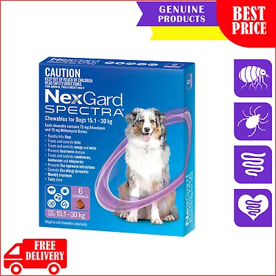 NEXGARD SPECTRA 6 Chews For 15 To 30 Kg Dog PURPLE Pack Heartworm Flea Treatment • $110.46