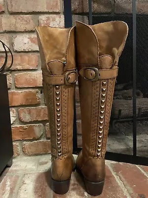 Vince Camuto Bollo Knee High Riding Boots Studded Zip Up Leather Brown Womens 6M • $35