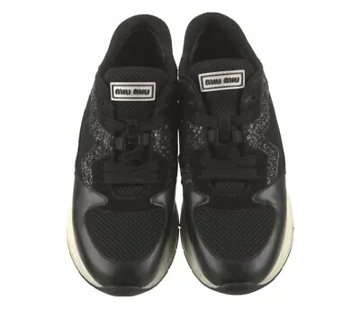 Miu Miu Black Leather Glitter Platform Sneakers • $149