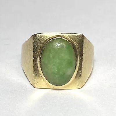 14K Yellow Gold Bezel Set 13 X 9 Mm Cabochon Green Jade Size 9.5 Men's Ring 7.4g • $780