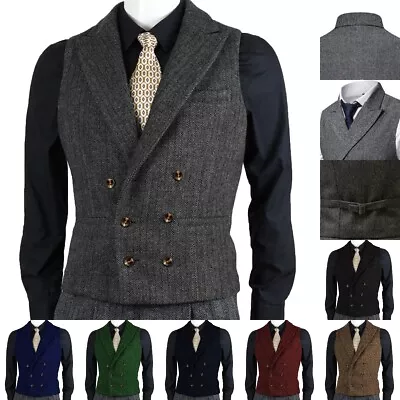 Mens Double-Breasted Vests Tweed Herringbone Waistcoats Vintage Wedding Wool 3XL • $48.39