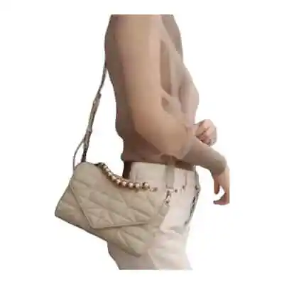 ZARA Quilted Crossbody Bag Gold Beaded Top Handle Tan Color ~ • $20