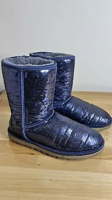 UGG Classic Short Sparkles Sequins Sheepskin Purple Boots Women's Sz 9 #1003598 • $44.99