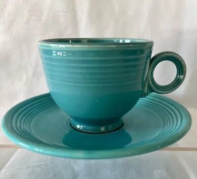 Vintage Fiesta Turquoise Ring Handle Tea Cup & Saucer Fiestaware Rings Inside 1 • $19.99