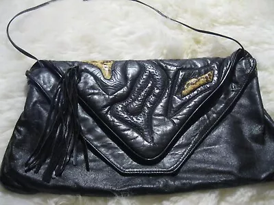 Vintage 80's Clutch Handbag - Black Patchwork With Tassels • $29.99
