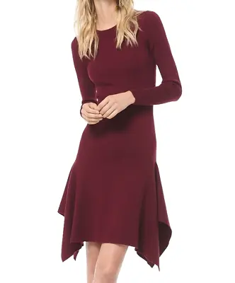 Michael Kors Jumper Dress Size L 14 Wool Blend Handkerchief Hemline Dark Brandy • £120