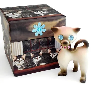 Vintage Siamese Cat Figurine Blue Rhinestone Eyes & Jewel Pink Collar W GIFT BOX • $18.85