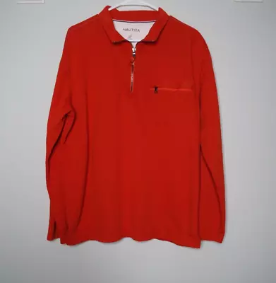 Nautica Men's Large Long Sleeve Polo Shirt Orange Half Zip Front 100% Cotton • $13.99