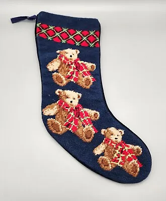 Needlepoint Teddy Bear Christmas Stocking Vintage Red Blue Velvet Back Lined 16  • $15.94