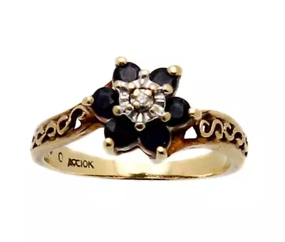 Vintage Sapphire Diamond Flower 10k Gold Ring • $195