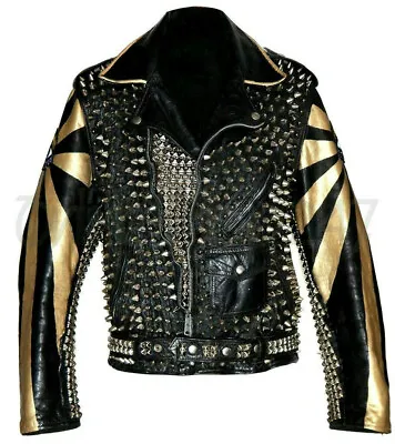 $299 • Buy New Mens Electric Eye Punk Golden Full Spiked Studded Brando Leather Jacket
