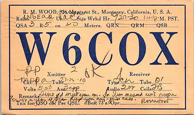 1930 W6COX Monterey California Ham Radio Amateur QSL Card Postcard Vtg • $14.95