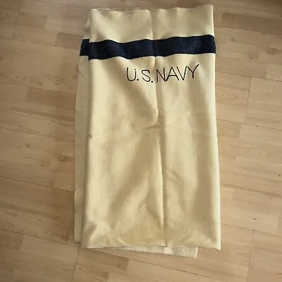 Vtg US Navy Wool Blanket Letters White Blue Stripes 81 X 63 Embroidered Nautical • $125