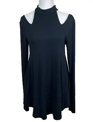 Free People Downtown Girl Tunic Top Small Black Cutout Shoulder High Mock Neck • $29.99