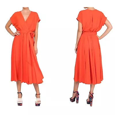 New MEGHAN LA Size M Jasmine Midi Dress Wrap Front W/tied Waist Belt Orange • $69
