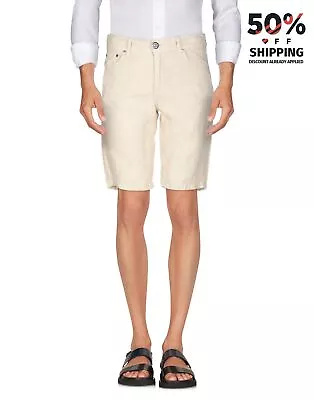 MURPHY & NYE Linen Bermuda Shorts W34 Beige Logo Flat Front Zip Fly • $31.10