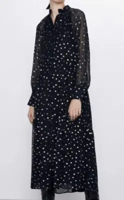 NWT ZARA $119 Black Gold Metallic Polka Dot Sheer Lined Maxi Dress Size XSmall • $39.99