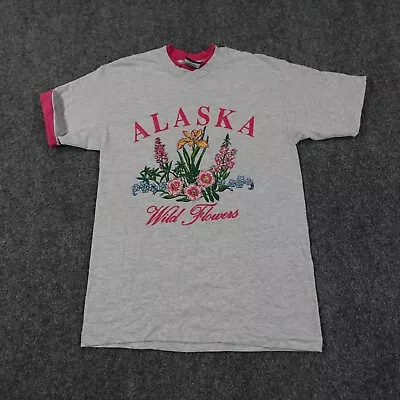 Alaska Shirt Men M Gray Pink Vintage Single Stitch Wild Flowers 90s USA 8014 • $14.95