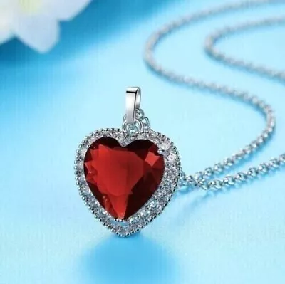 2.70Ct Heart Cut Lab-Created Red Ruby Diamond Halo Pendant 14K White Gold Plated • $49.99