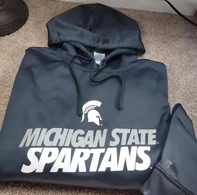 MICHIGAN STATE SPARTANS-Gray Jersey Knit Poly Mens Logo Hoodie Sweatshirt-(XL) • $14.95