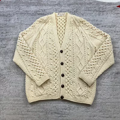 Vintage Blarney Woollen Mills Cardigan Sweater L Beige Aran Ireland Fisherman • $68.77
