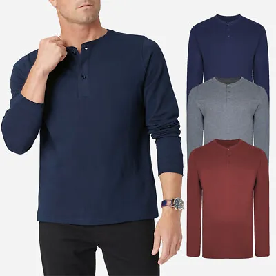 Ex Mens Long Sleeve T-Shirt Grandad Plain Buttons Casual Regular Hanley Tops • £6.99