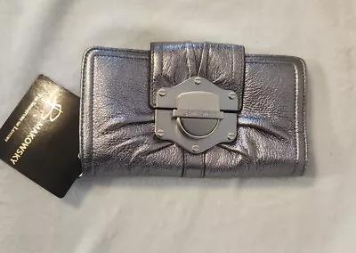 New B Makowsky Silver Leather Bifold Wallet W/ Push Lock Detail Bi-Fold NWT • $29.29