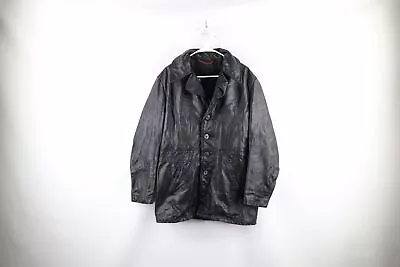 Vtg 60s Streetwear Mens 40 Distressed Lined Leather Trench Coat Jacket Black USA • $89.96