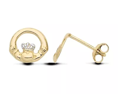 9ct Yellow Gold On Silver Claddagh Stud Earrings Irish Celtic • £9.95