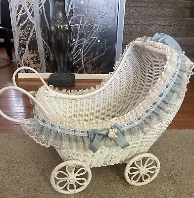 Vintage White Wicker Hooded Doll Buggy Stroller Baby Doll • $75