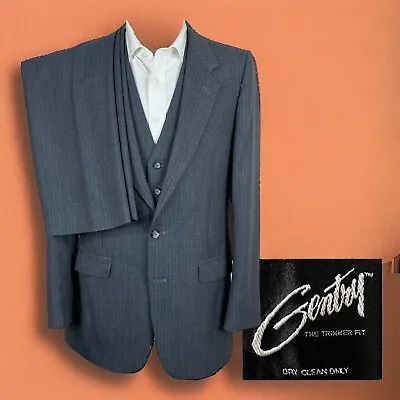 Gentry 3 Piece Suit Mens 38L 34x32 Gray Pinstripe Vintage • $99