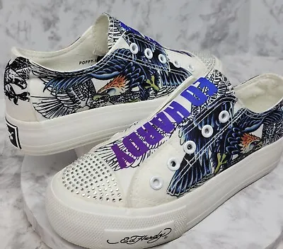 Ed Hardy Eagle Slip On Bling Rhinestone Sneaker White Womens Sz 6 • $49.99