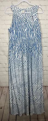 SOMA High Neck Long Maxi Dress Stretch Jersey Blue White Sz L GUC • $28