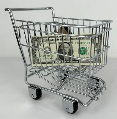 Mini Chrome Shopping Cart 8  H Black Rolling Wheels Decor Planter Doll Acc. • $14