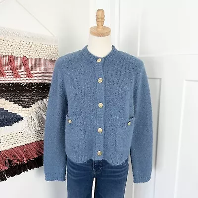 Massimo Dutti Boucle Knit Alpaca Wool Blend Cardigan Pockets Blue Size S NWT • $175