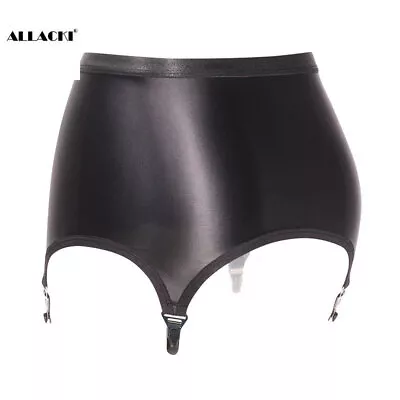 Allacki Black Garter Oily Glossy Stretchy Skirt With 4 Straps Suspender Belt • $11.40