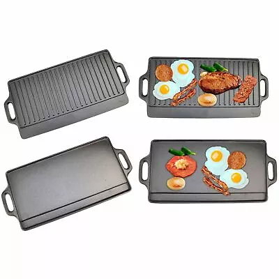 £19.95 • Buy Large Non Stick Cast Iron Griddle Pan Skillet Cooking Plate Hob Stove BBQ Grill