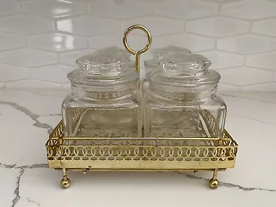 Vintage Jelly Condiment Footed Metal Caddy Holder Set 4 Glass Jam Jars W Lids • $29.99