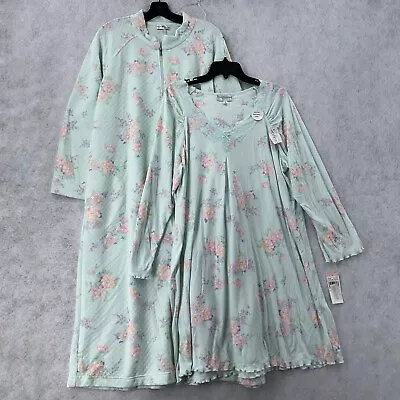 NWT Miss Elaine Nightgown & Robe Set XL Teal Green Floral Size XL Ruffled-Trim • $39.99
