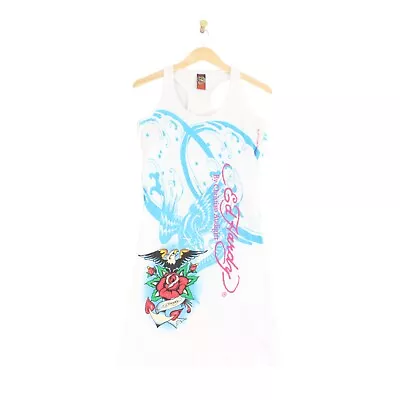 Ed Hardy Tank Dress White Eagle Rose Floral Animal Graphics Print Womens Size L • $37.32