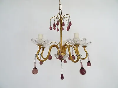 ~French Amethyst Murano Drops Crystal Bobeches Chandelier C 1920~ • £1927.60