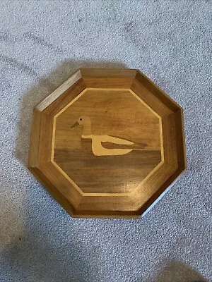 Vintage Wood Serving Tray Inlay Marquetry Duck  Octagon Shape 14x14” • $24