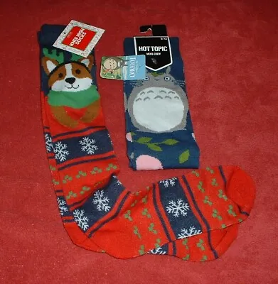 2 PR CUTE New Socks! TOTORO Men's Crew 8-12  & 1 Size Christmas CORGI Knee Highs • $10.95