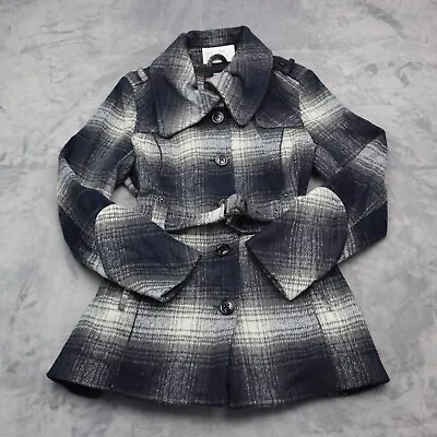 Miss Sixty Jacket Womens L Black Plaid Long Sleeve Button Belted Pea Coat • $17.99