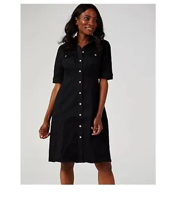 £10 • Buy Elbow Sleeve Button Up Stretch Denim Dress By Nina Leonard Black Uk Medium BNIP