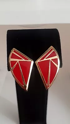 Vintage Gold & Red Enamel Geometric Style Clip On Earrings • $12.99