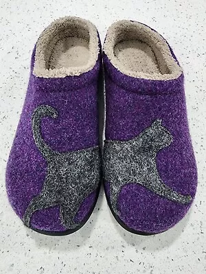 LL Bean Daybreak Scuffs Motif Slippers Purple Cat Wool Women's Size 8 Slip On • $32.75